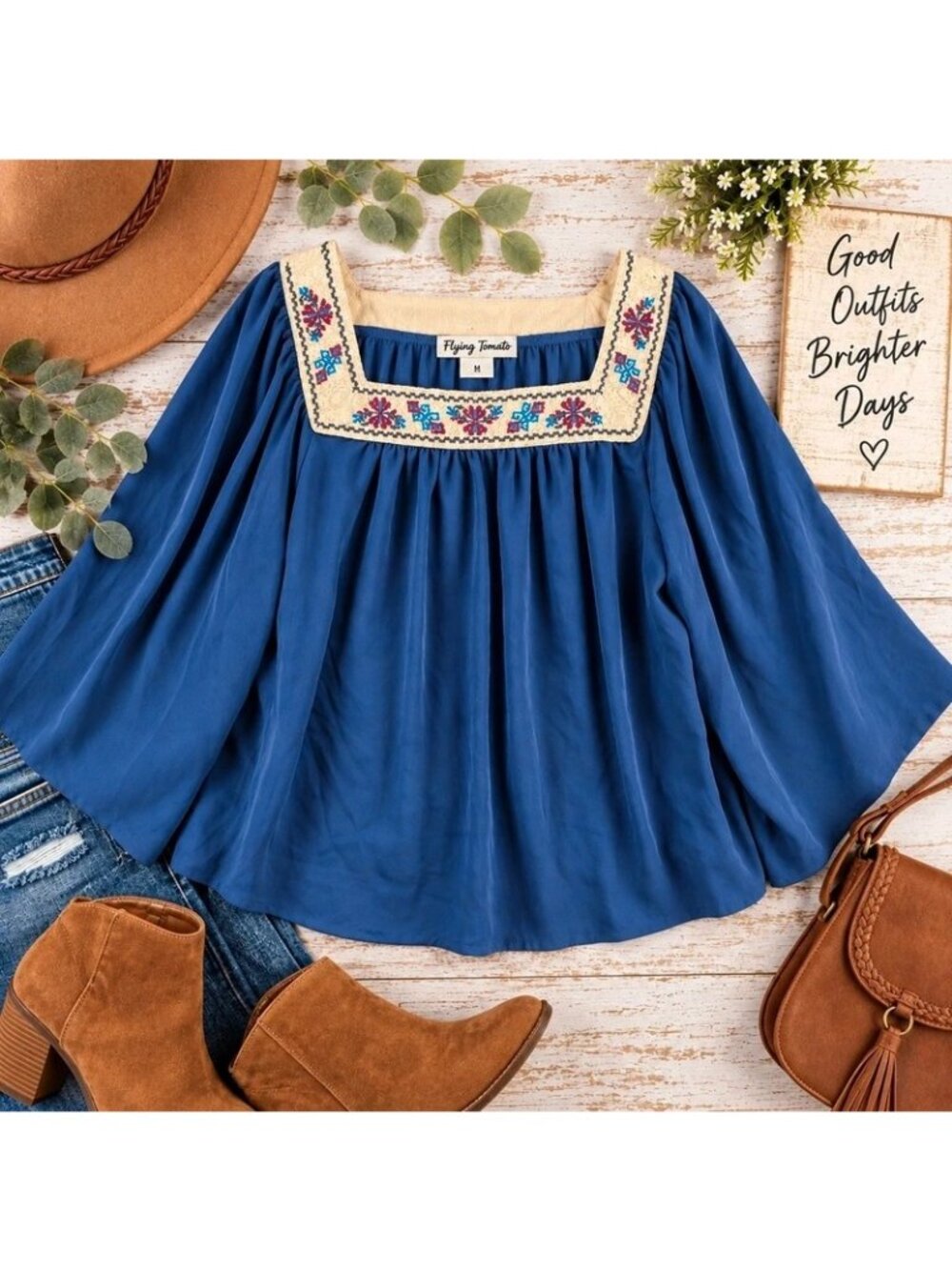 Flying Tomato Blue Embroidered Boho Blouse – Medium
